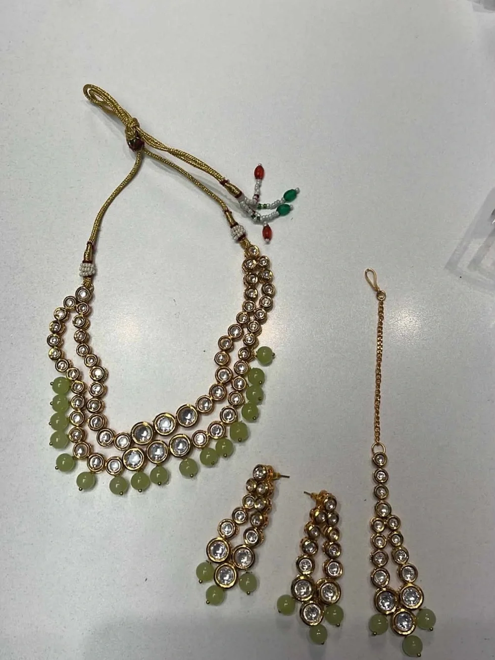 Gold-Tone Kundan Necklace and Earring Set with Lime Beads